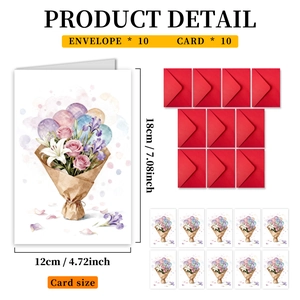Floral greeting card set with 10 red envelopes and watercolor flower bouquets, 12x18cm size