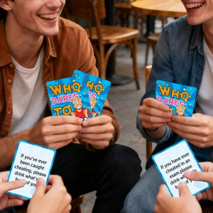 Close-up of English party game cards being played by a group in a social setting