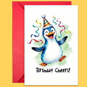 Detailed view of penguin birthday card with watercolor art and red envelope