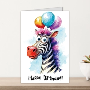 Detail of a birthday card featuring a watercolor zebra and colorful balloons on wood surface