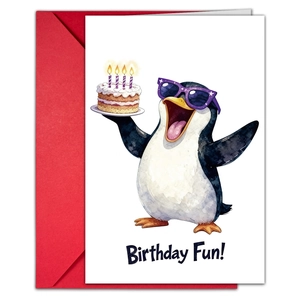 Happy birthday card set with watercolor penguin and red envelope for festive greeting