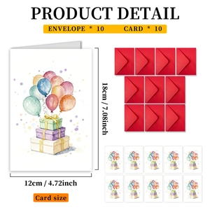 Detailed size chart showing 12x18cm watercolor birthday cards and 10 red envelopes