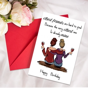 Detail of birthday card with female illustration and red envelope on silk background