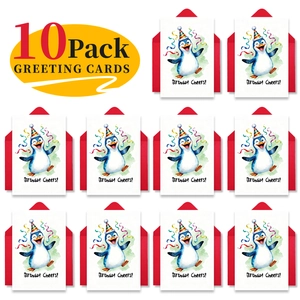 Set of 10 birthday cards featuring cartoon penguins and red envelopes in neat rows