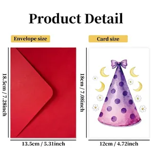 Birthday card and red envelope set with dimensions 18x12cm featuring a party hat design