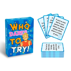 Detail view of 50 English party game cards and blue box labeled Who Dares To Try