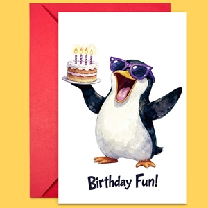 Macro shot of a birthday card with cute watercolor penguin and a bright red envelope