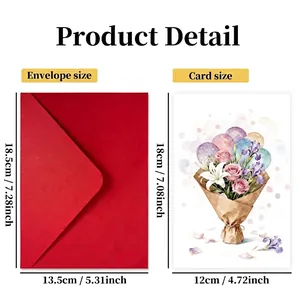 Floral greeting card set with red envelope showing product size and dimensions