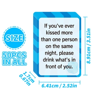 Detailed size chart showing dimensions of 50pcs English party game cards on white background