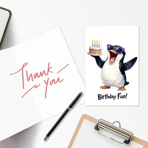 Detailed view of watercolor penguin birthday card and thank you card set on desk