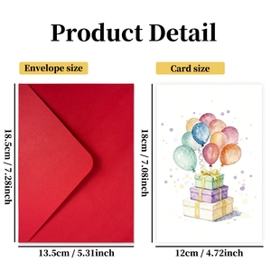 Watercolor birthday card and red envelope set with product size measurements