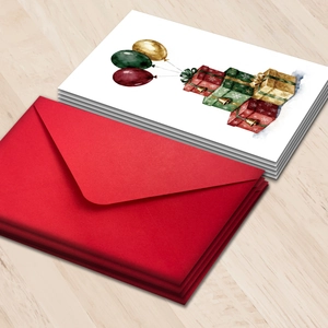 Christmas cards with red envelopes and watercolor balloon gift box illustrations