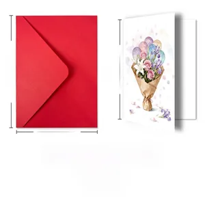 Detail showing red envelope and watercolor floral greeting card dimensions in centimeters