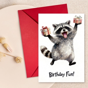 Watercolor Raccoon Illustration Birthday Greeting Card With Red Envelope For Birthday Party Celebrations Gift Message Card