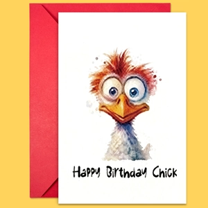 Carte d'anniversaire aquarelle poulet rigolo avec enveloppe rouge sur fond jaune