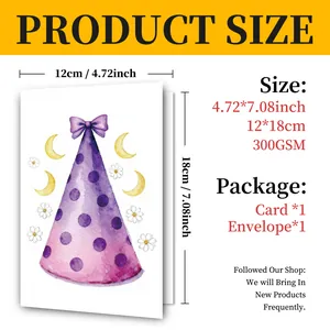 Detailed size chart showing 12x18cm dimensions for the birthday card and envelope set