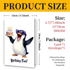 Detailed size chart for watercolor penguin birthday card with envelope measurements