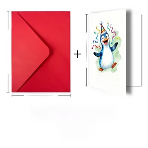 Detailed view of penguin birthday card with red envelope and size dimensions