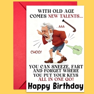 Funny senior birthday card with red envelope and humorous text on bright yellow background