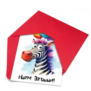 Cartoon zebra birthday card set with red envelope and happy birthday greeting