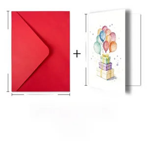 Detailed dimensions of watercolor birthday card with red envelope and gift box design