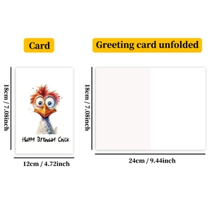Tableau des tailles détaillé pour carte d'anniversaire poussin pliée et dépliée