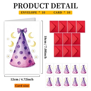 Detail view of 10-pack cartoon birthday cards and red envelopes with dimensions