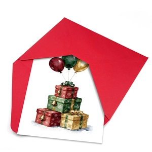 Holiday card set with watercolor gift boxes and balloons on red envelope background