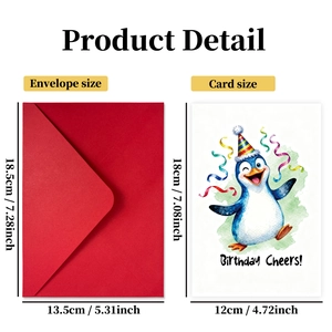 Cartoon penguin birthday card set with red envelope and Birthday Cheers greeting