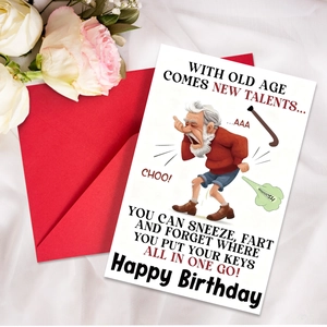 Funny birthday card for seniors with elderly man illustration and red envelope