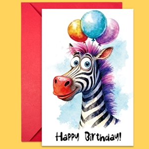 Close-up of birthday card with watercolor zebra illustration and red envelope