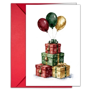 Christmas greeting card with watercolor gift boxes and balloons with a red envelope