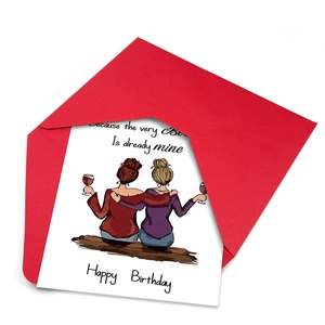 Birthday card set with two women illustration and red envelope for best friends