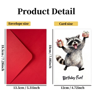 Birthday card set with red envelope and cute raccoon illustration measuring 18.5x13.5cm