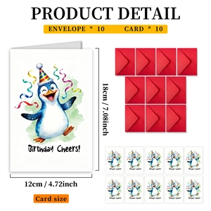 Set of 10 cartoon penguin birthday cards with envelopes, size 4.72x7.08 inches