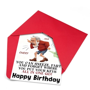Funny birthday card with old man cartoon illustration and red envelope for elders