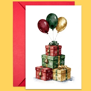 Flat lay of holiday greeting card with watercolor gift boxes, balloons and red envelope