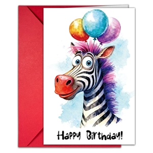 Creative birthday card with watercolor zebra and balloons plus a red envelope