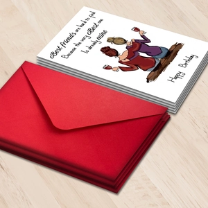 Friendship birthday greeting card set with hand-drawn illustrations and red envelopes