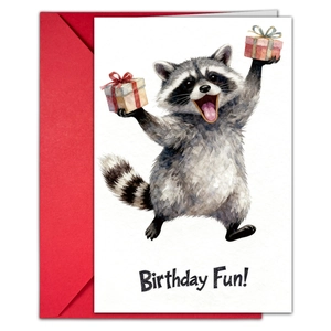 Watercolor raccoon birthday card set with red envelope and 'Birthday Fun' illustration