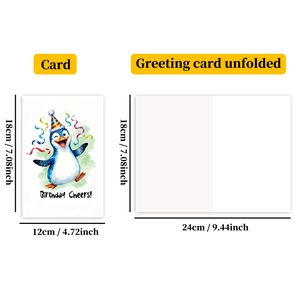 Detailed size specifications for cartoon penguin birthday card with fold dimensions