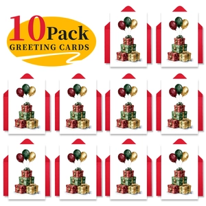 10-pack of festive greeting cards with red envelopes featuring watercolor gift illustrations