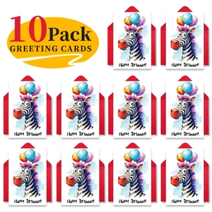10-pack of colorful watercolor zebra birthday cards with vibrant red envelopes