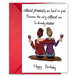 Birthday greeting card set for best friends featuring a hand-drawn illustration and red envelope