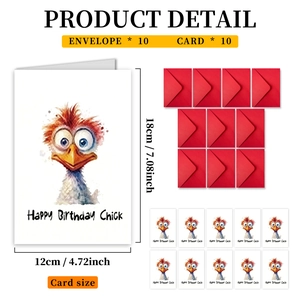 Lot de 10 cartes d'anniversaire poussin avec enveloppes rouges et dimensions précises