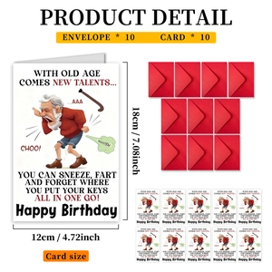 Detailed set of 10 funny elderly birthday cards with red envelopes and measurements