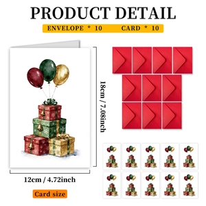 Detail view of 10 watercolor balloon birthday cards and red envelopes with size dimensions