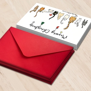 Set di divertenti biglietti di Natale con gatti, buste rosse e testo Meowry Christmas