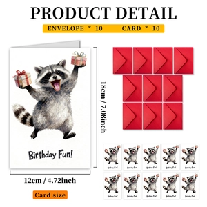 Set of 10 raccoon birthday cards with red envelopes and clear size measurements