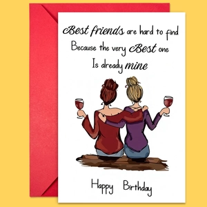 Close-up of birthday card with female friends illustration and matching red envelope
